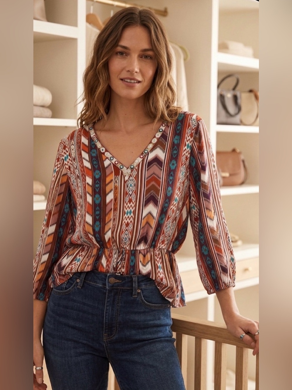 Cato Multi-Color Aztec V-Neck Peplum Tunic boho chic western office rodeo rayon